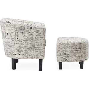 Belleze Accent Tub Chair Curved Back French Print Script Linen Fabric w/ Ottoman Modern Stylish Round Armrest, Beige