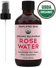 Load image into Gallery viewer, Rose Water for Face &amp; Hair, USDA Certified Organic Facial Toner. Alcohol-Free Makeup Setting Hydrating Spray Mist. 100% Natural Anti-Aging Petal Rosewater by Simplified Skin (4 oz)
