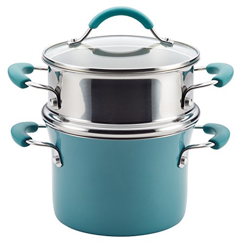 Rachael Ray Cucina Nonstick Sauce Pot/Saucepot with Steamer Insert and Lid, 3 Quart, Agave Blue
