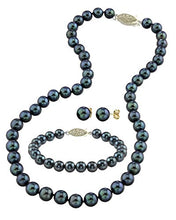Load image into Gallery viewer, THE PEARL SOURCE 14K Gold 6-6.5mm Round Black Akoya Cultured Pearl Necklace, Bracelet &amp; Earrings Set in 18" Princess Length for Women
