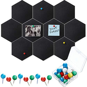 10 Packs Pin Board Hexagon Felt Board Tiles Bulletin Board Memo Board with 20 Pieces Push Pins, Decoration for Home Office Classroom Wall (Black, 5.9 x 7 Inches/ 15 x 17.7 cm)