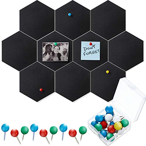 10 Packs Pin Board Hexagon Felt Board Tiles Bulletin Board Memo Board with 20 Pieces Push Pins, Decoration for Home Office Classroom Wall (Black, 5.9 x 7 Inches/ 15 x 17.7 cm)