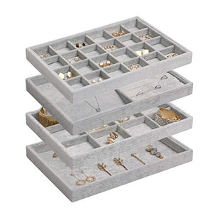 DIOMMELL 4 Pack Stackable Velvet Jewelry Trays Organizer, Jewelry Storage Box Display Trays Showcase Holder Closet Dresser Drawer Organizer for Earring Necklace Bracelet Ring Accessary, Grey