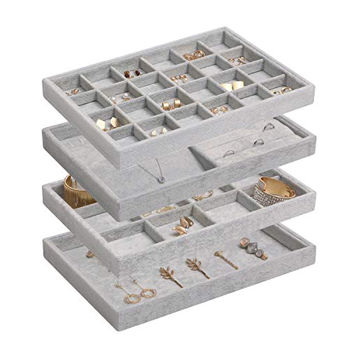 DIOMMELL 4 Pack Stackable Velvet Jewelry Trays Organizer, Jewelry Storage Box Display Trays Showcase Holder Closet Dresser Drawer Organizer for Earring Necklace Bracelet Ring Accessary, Grey