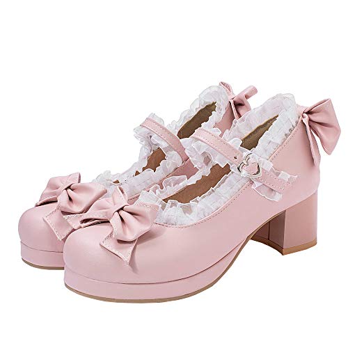 LUXMAX Women Kawaii Shoes Mid Block Heel Mary Jane Rockabilly Pumps with Bow, Size 8.5 M US,Pink
