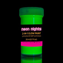 Load image into Gallery viewer, 2-IN-1 Glow In The Dark Acrylic Paint Set by neon nights – Glows in the Dark &amp; under UV Blacklight - Set of 8 Self-Luminous Neon Paints for Halloween - German Premium Quality - Phosphorescent
