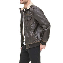 Load image into Gallery viewer, Levi's Men's Faux Leather Sherpa Aviator Bomber Jacket, Dark Brown, Large
