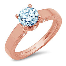 Load image into Gallery viewer, 1.64ct Round Cut Solitaire Aquamarine Blue Ideal VVS1 Simulated Diamond CZ Engagement Promise Statement Anniversary Bridal Wedding with accent Ring Solid 14k Rose Gold, Size 6.25
