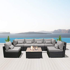 DINELI Patio Furniture Sectional Sofa with Gas Fire Pit Table Outdoor Patio Furniture Sets Propane Fire Pit (Light Gray-Square Table)