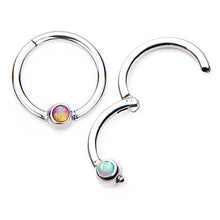 Load image into Gallery viewer, 16G Opal Centered Stainless Steel Hinged Segment Ring for Septum, Nostril, Lip, and Ear Piercings (5/16&quot; - Rainbow)
