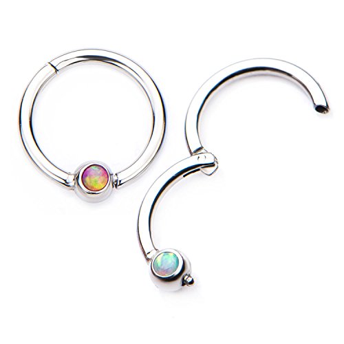 16G Opal Centered Stainless Steel Hinged Segment Ring for Septum, Nostril, Lip, and Ear Piercings (5/16