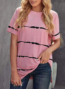 Ecrocoo Women's Plus Size Tops Soft Lightweight Short Sleeve Stripes Color Block Shirts Blouses Tunics,Pink S