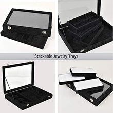 Load image into Gallery viewer, VIEFIN Velvet Stackable Jewelry Tray with Lid, Earring Drawer Insert Display Show Case, Dresser Organizer for Ring Stud, Necklace Holder Storage Box Chest,Black 4 in 1(with lid)
