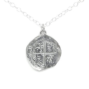 Bright Finished Pirate Pieces of Eight Coin Necklace - Shiny Pewter Replica of Spanish Coin - Handcrafted in USA
