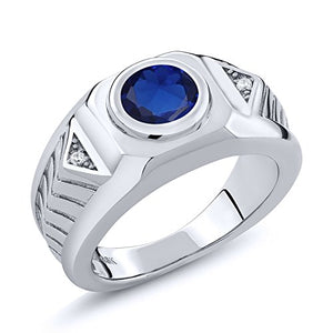 Gem Stone King 2.53 Ct Round Blue Created Sapphire 925 Sterling Silver Men's Ring (Size 12)