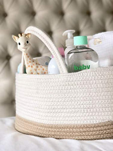 Mila Millie Baby Large Cotton Rope Diaper Caddy | Organizer Storage Bin for Nursery Essentials | Portable Bag for Changing Table and Car | 100% Natural Cotton | Eco Friendly (White & Biege)