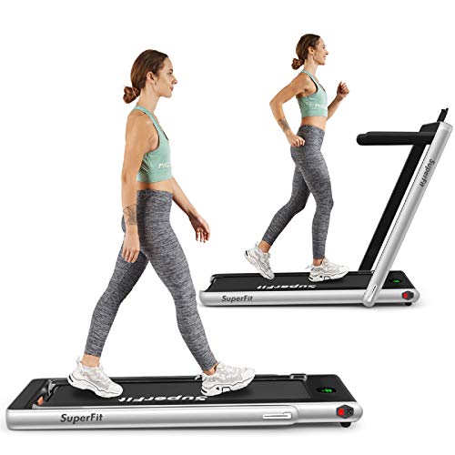 Goplus 2 in 1 Folding Treadmill, 2.25HP Under Desk Electric Treadmill, Installation-Free, with Bluetooth Speaker, Remote Control and LED Display, Walking Jogging Machine for Home/Office Use (Silver)