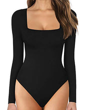 Load image into Gallery viewer, MANGOPOP Women&#39;s Square Neck Short Sleeve Long Sleeve Tops Bodysuit Jumpsuit (B Long Sleeve Black, Medium)
