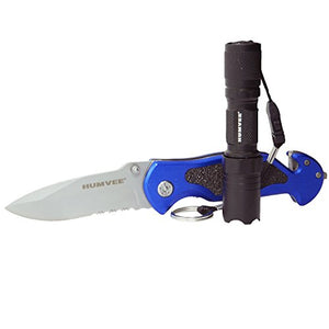 CampCo Humvee HMV-KC-ER1-BLU Emergency Rescue Knife and Tactical LED Flashlight Set, Black and Blue