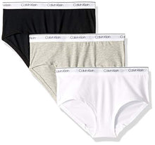 Load image into Gallery viewer, Calvin Klein Big Girls' Kids Modern Cotton Hipster Underwear, Multipack, Heather Grey, Classic White, Black-3 Pack, Large

