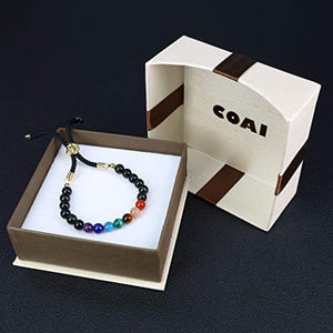 COAI Mala Beads Black Obsidian Stone 7 Chakra Bolo Bracelet for Women