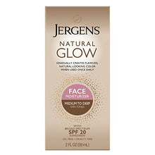 Load image into Gallery viewer, Jergens Natural Glow Self Tanner Face Moisturizer, SPF 20 Facial Sunscreen, Medium to Deep Skin Tone, Sunless Tanning, Oil Free, Broad Spectrum Protection UVA and UVB, 2 oz (Packaging May Vary)
