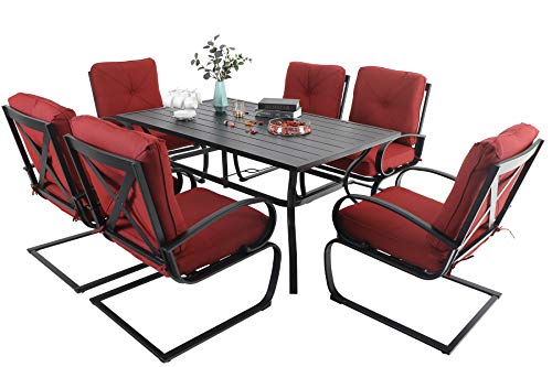 MFSTUDIO 7 Piece Outdoor Patio Dining Set 6 Spring Motion Cushion Chairs, 1 Rectangular Table with 1.57