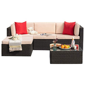 Tuoze 5 Pieces Patio Furniture Sectional Outdoor PE Rattan Wicker Lawn Conversation Cushioned Garden Sofa Set with Glass Coffee Table (Beige)