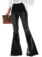 Load image into Gallery viewer, Sidefeel Women Destoryed Flare Jeans Elastic Waist Bell Bottom Tassel Denim Pants Medium Black
