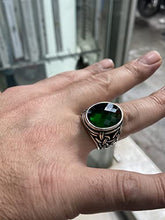 Load image into Gallery viewer, Mens Handmade Ring, Green Emerald Stone Ring, Silver Green Gemstone Ring, Ottoman Style Men Ring, Gift for Him, 925k Sterling Silver Ring
