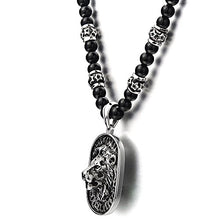Load image into Gallery viewer, COOLSTEELANDBEYOND Gothic Style Mens Black Onyx Beads Necklace with Stainless Steel Lion Head Shield Pendant
