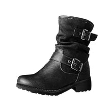 Load image into Gallery viewer, Fullwei Platform Boots for Women,Women Comfy Steel Toe Booties Western Combat Ankle Boot Casual Belt Buckle Side Zipper Motorcycle Riding Boot Walking Shoe (Black, 9.5-10)
