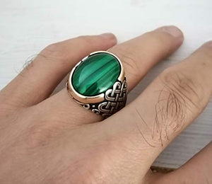 Handmade 925K Sterling Silver Mens Ring With Malachite Stone