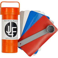 Load image into Gallery viewer, JLF Repair Kit for Inflatable Stand Up Paddle Boards (SUP) | Includes Red, White, Blue, Clear Grey PVC and Wrench (No Adhesive)
