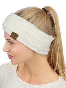 C.C Soft Stretch Winter Warm Cable Knit Fuzzy Lined Ear Warmer Headband, Ivory