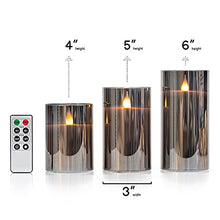 Load image into Gallery viewer, WYZworks Silver Gray Metallic LED Tinted Glass Mirrored Flickering Flameless Pillar Candles, Set of 3 w/Remote Control, Timer, Realistic Flicker/Static Mode, Battery Operated, Adjustable Brightness
