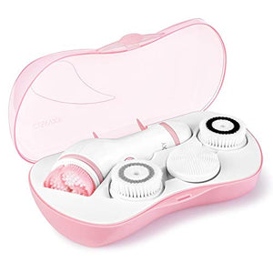 Waterproof Facial Cleansing Spin Brush Set with 4 Exfoliation Brush Heads - Complete Face Spa System by CLSEVXY - Advanced Microdermabrasion for Deep Scrubbing and Gentle Exfoliating