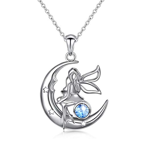 S925 Sterling Silver Angel Fairy Moon Jewelry Pendant Necklace for Women Princess Gifts,18 inches