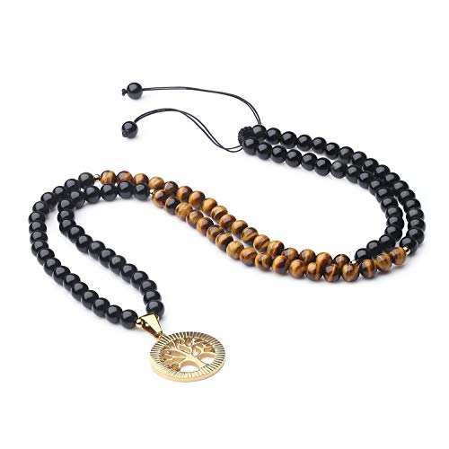 COAI Tree of Life Pendant Tiger Eye Obsidian Stone 108 Beads Mala Necklace