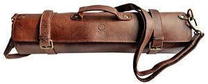 Rustic Town Leather Knife Roll Storage Bag | Elastic and Expandable 11 Pockets with Tool Pouch | Adjustable/Detachable Shoulder Strap | Travel-Friendly Chef Knife Case Roll (Walnut Brown)