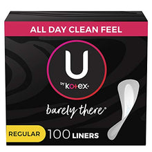 Load image into Gallery viewer, U by Kotex Barely There Thin Panty Liners, Light Absorbency, Regular Length, Unscented, 100 Count (Packaging May Vary)
