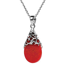 Load image into Gallery viewer, Reconstructed Red Coral Vintage Floral Vine Adorned Teardrop .925 Sterling Silver Pendant Necklace
