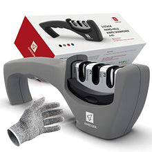 Load image into Gallery viewer, Kitchen Knife Sharpener - 3 Stage Knife Sharpening Tool Sharpens Chef's Knives - Kitchen Accessories Help Repair, Restore and Polish Blades Quickly, Food Safety Cut Resistant Glove Included, Gray
