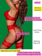 Load image into Gallery viewer, Kaei&amp;Shi Garter Belt Thong Lingerie for Women,Strappy Hollow Out Sexy Lingerie,Underwire Mesh Sheer Matching 4 Piece Lingerie Set Valentine Day Red Medium
