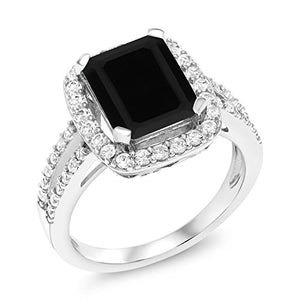 Gem Stone King 925 Sterling Silver Black Onyx Women's Engagement Ring (3.75 Cttw Emerald Cut, Gemstone Birthstone) (Size 6)