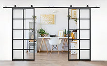 Load image into Gallery viewer, JUBEST Double Barn Door 72 x 84 in with 13FT Hardware Kit, 2 Sets of 36x84 in Clear Tempered Glass Aluminum Frame Barn Door,Pocket Interior Door, Easy Assembly，Black Top-Mounted Hardware
