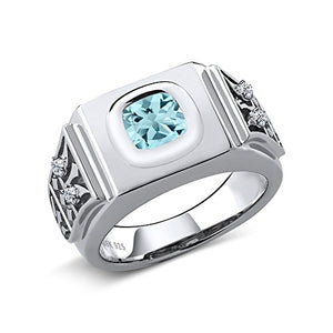 Gem Stone King Men's 925 Sterling Silver Sky Blue Topaz and White Topaz Ring (2.78 Ct Cushion) (Size 8)