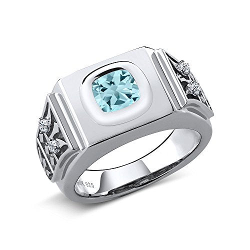 Gem Stone King Men's 925 Sterling Silver Sky Blue Topaz and White Topaz Ring (2.78 Ct Cushion) (Size 8)