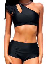 Load image into Gallery viewer, EJsoyo Women's One Shoulder Bikini Set High Waisted Two Piece Cut Swimsuits Top Ruffer Bathing Suit Tankini Swimwear Black L

