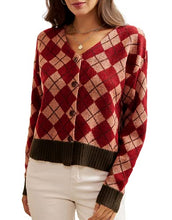 Load image into Gallery viewer, Women Lantern Sleeve Lightweight Cardigan Red Plaid Short Cover Up Warm Winter S
